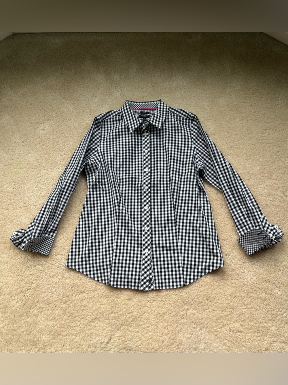 Talbots Black & White Plaid Button Down LS Shirt - Size 6 Petite - EUC - Stretch